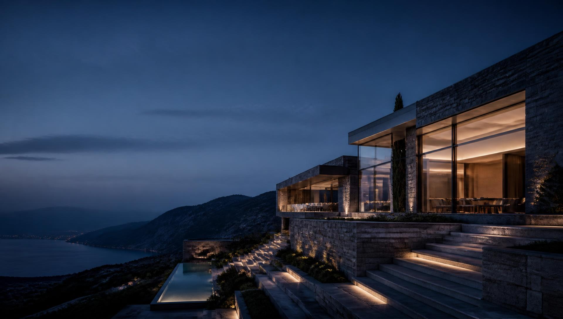 Contemporary stone architecture overlooking a Mediterranean landscape